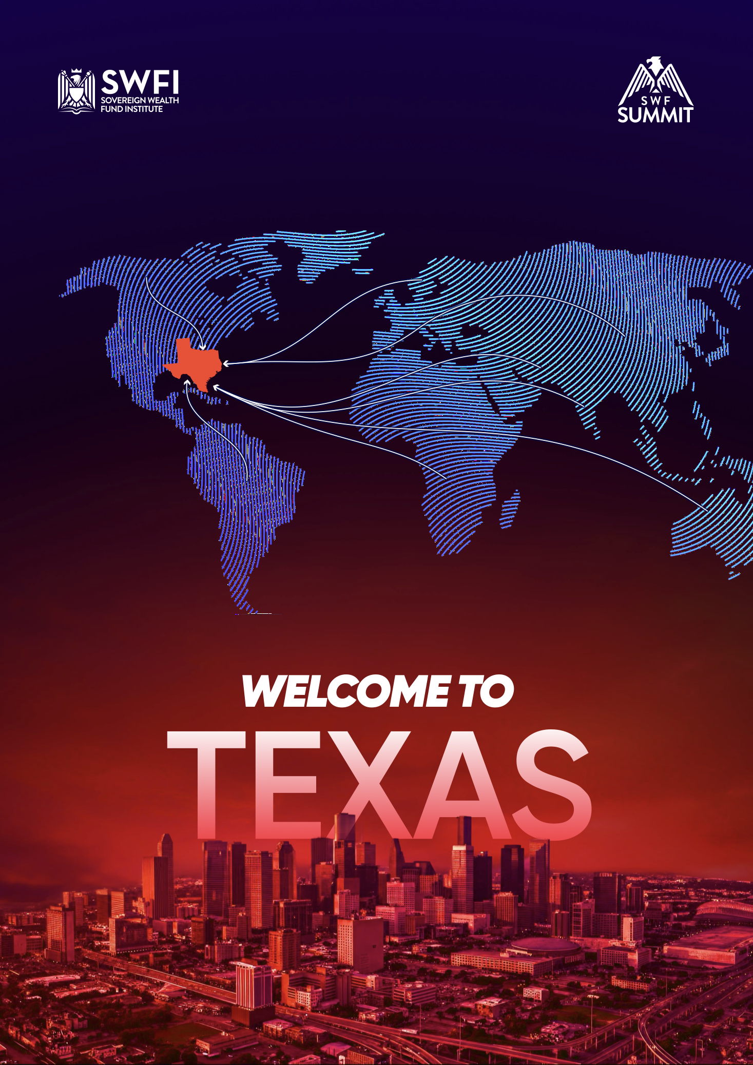 Welcome to Texas summit poster with global routes and Dallas skyline